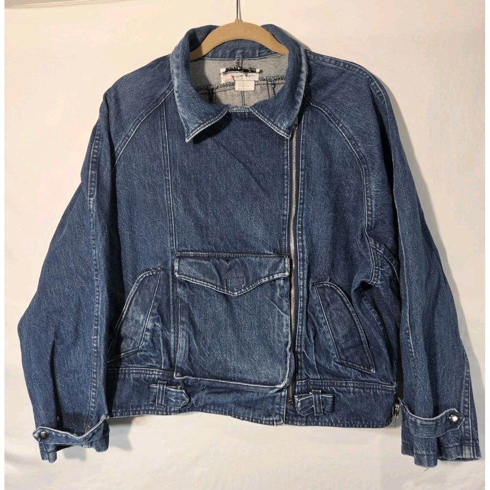 90s Y2K Denim Bomber Jacket Womans Large Blue Asymmetrical Zip Utility Moto